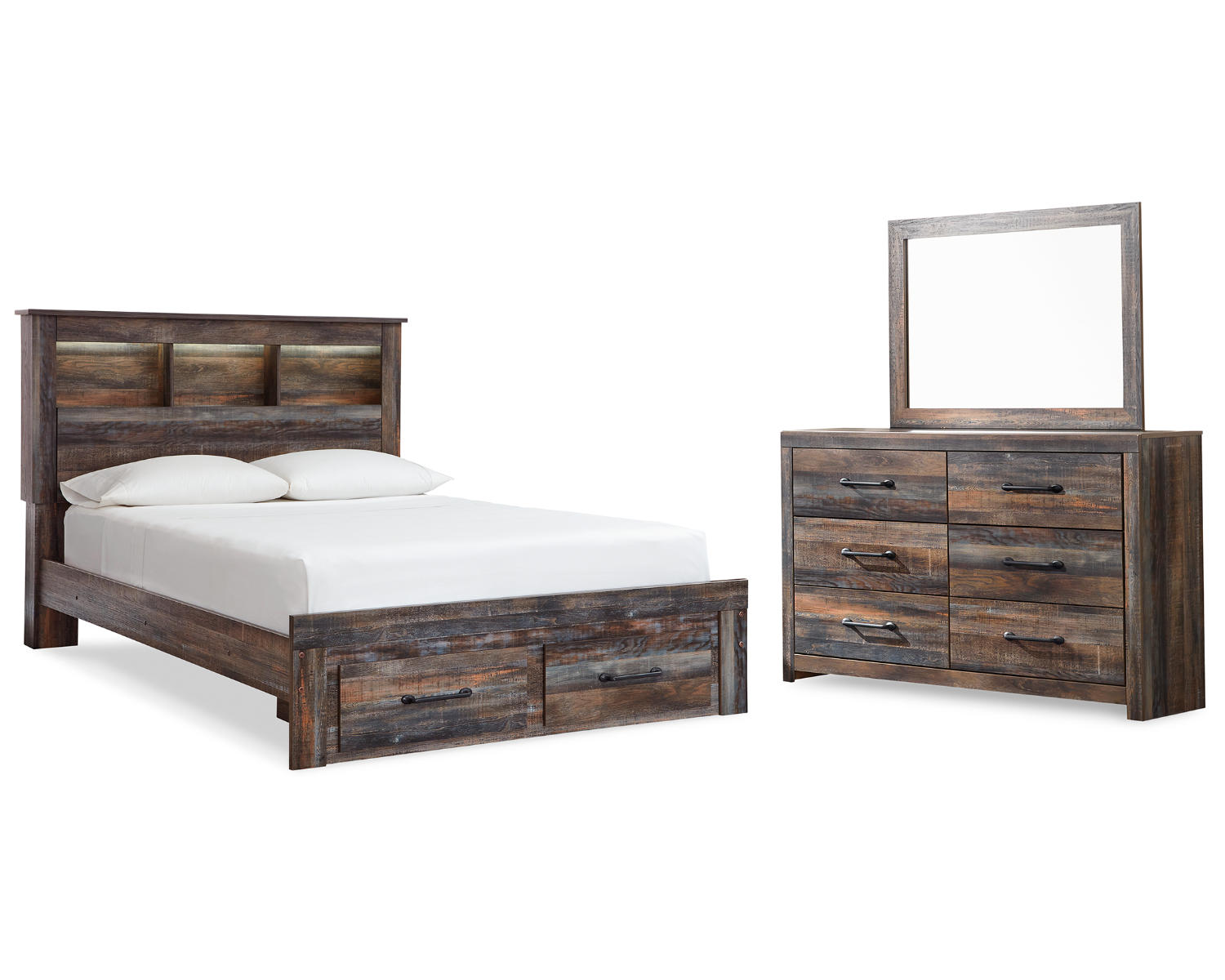 Drystan Full Bookcase Storage Bed, Dresser and Mirror