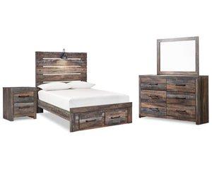 Cama con almacenamiento Drystan de panel completo, tocador, espejo y mesita de noche
