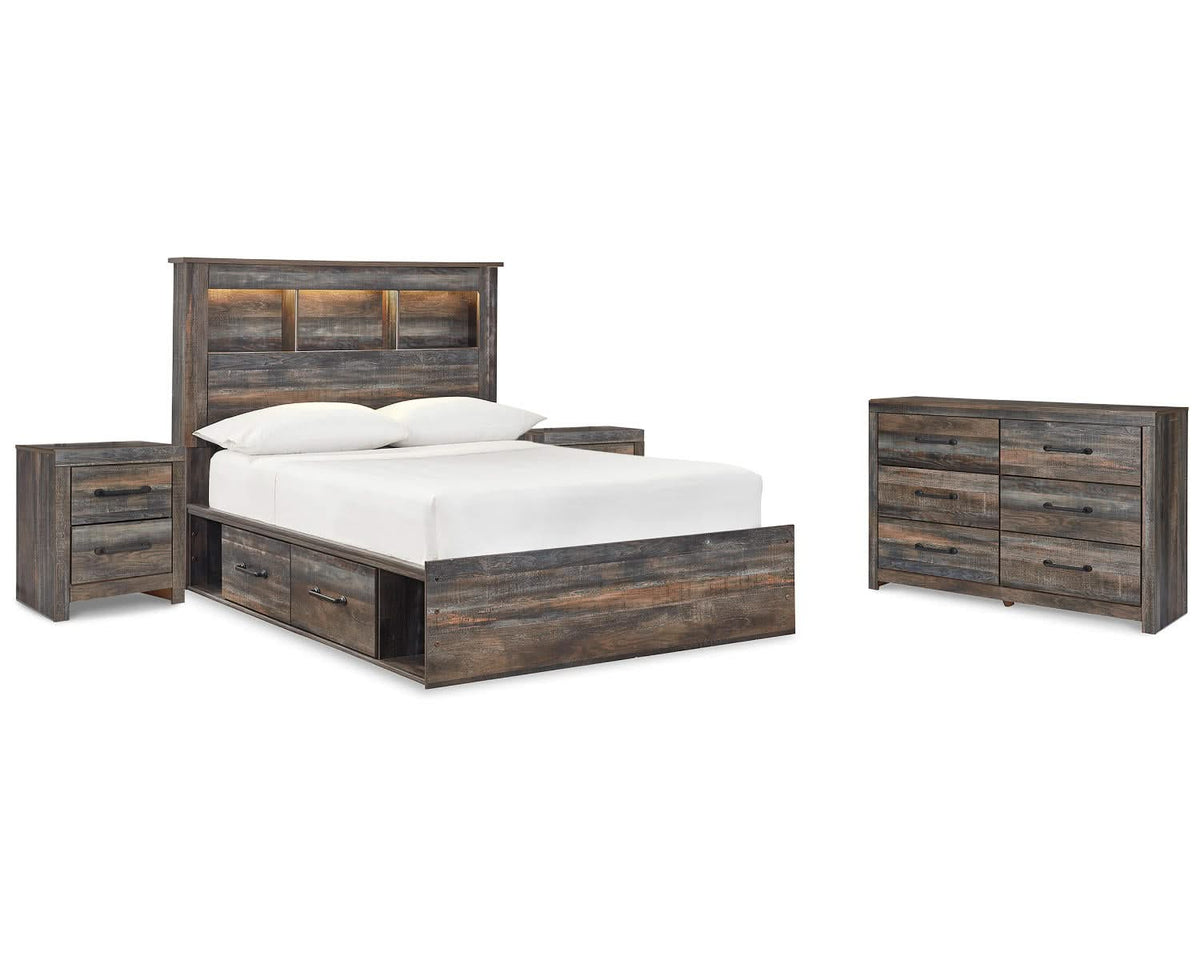 Cama con estantería completa Drystan con almacenamiento en dos lados, cómoda y mesita de noche
