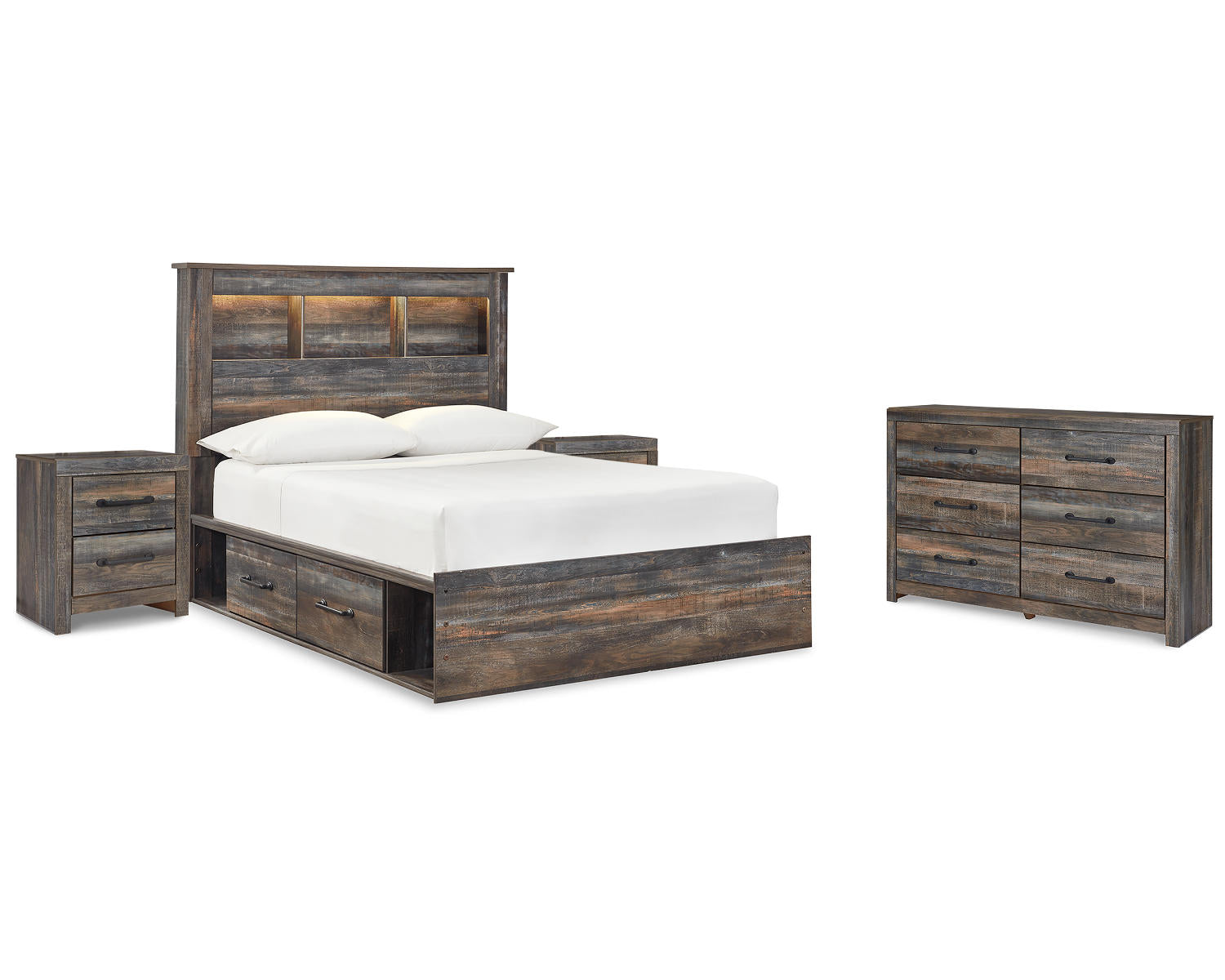 Drystan Full Bookcase Bed with 2 sided Storage, Dresser and Nightstand