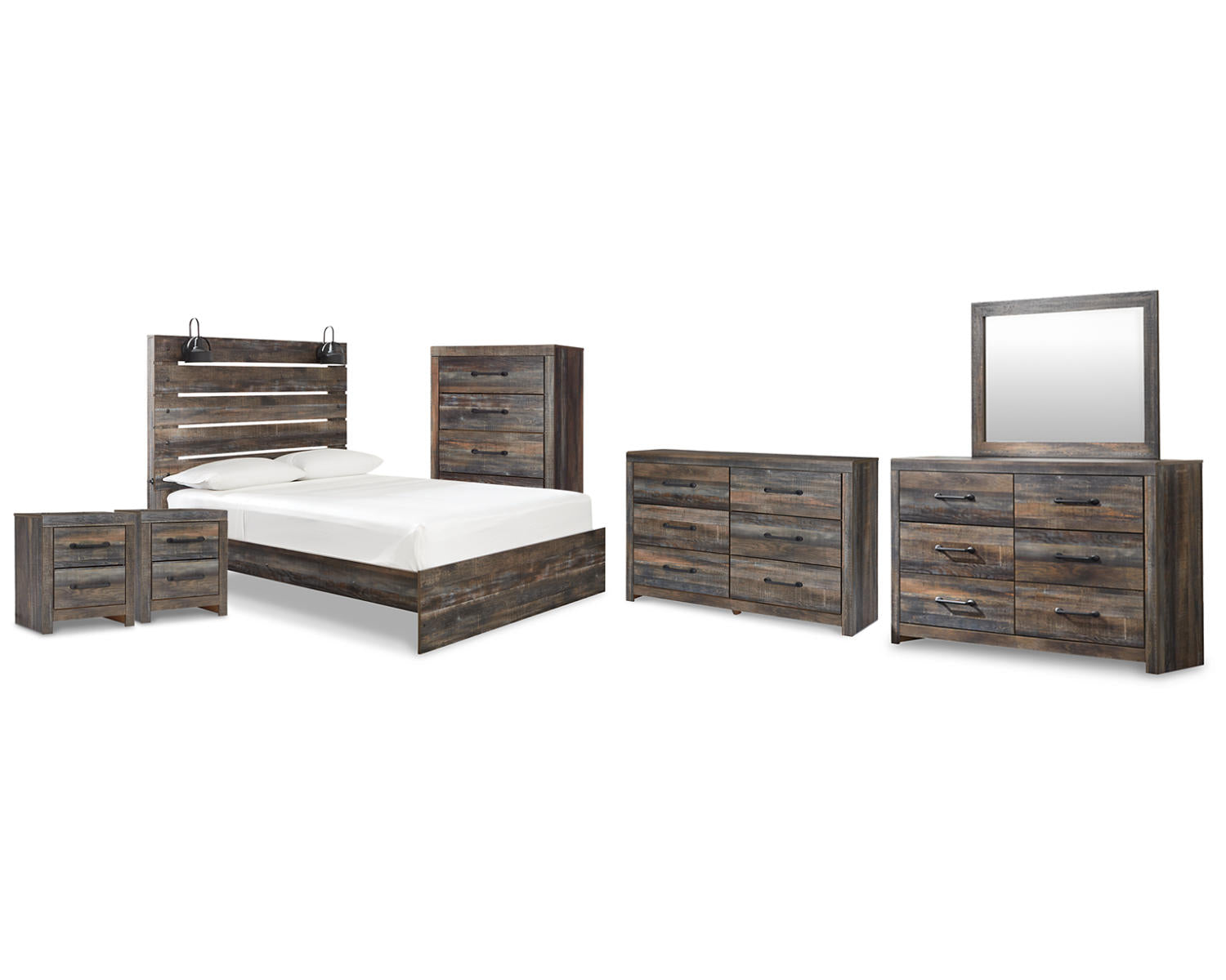 Drystan Queen Panel Bed, 2 Dressers, Mirror, Chest and 2 Nightstands