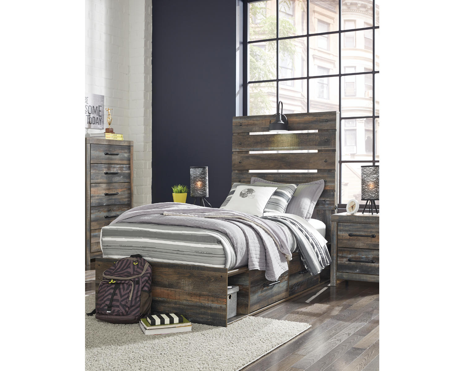 Drystan Twin Panel Bed with 2 Storage Drawers