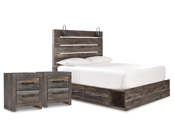 Cama Queen Drystan con almacenamiento y dos mesitas de noche