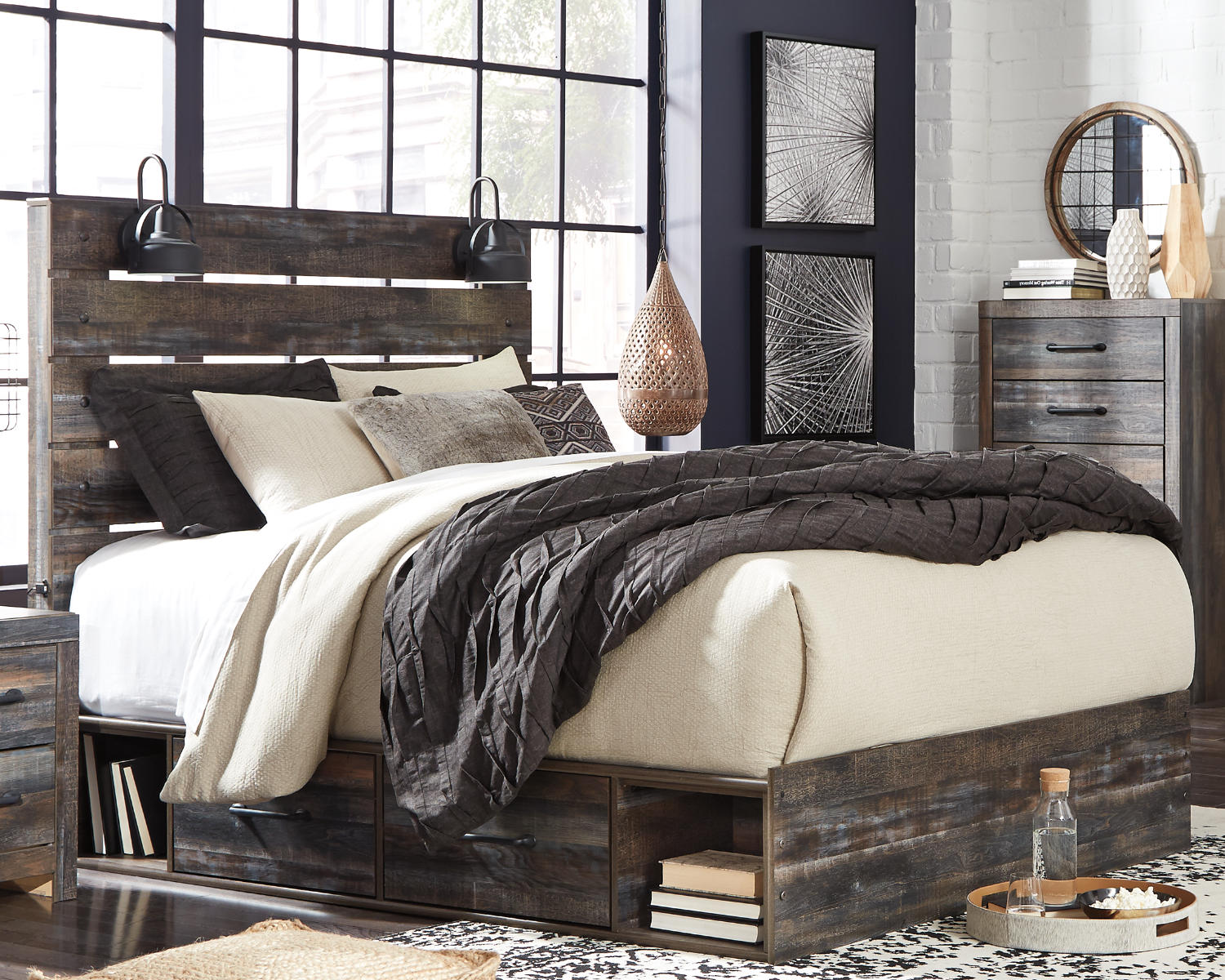 Drystan Queen Panel Bed with Storage, Dresser and Mirror