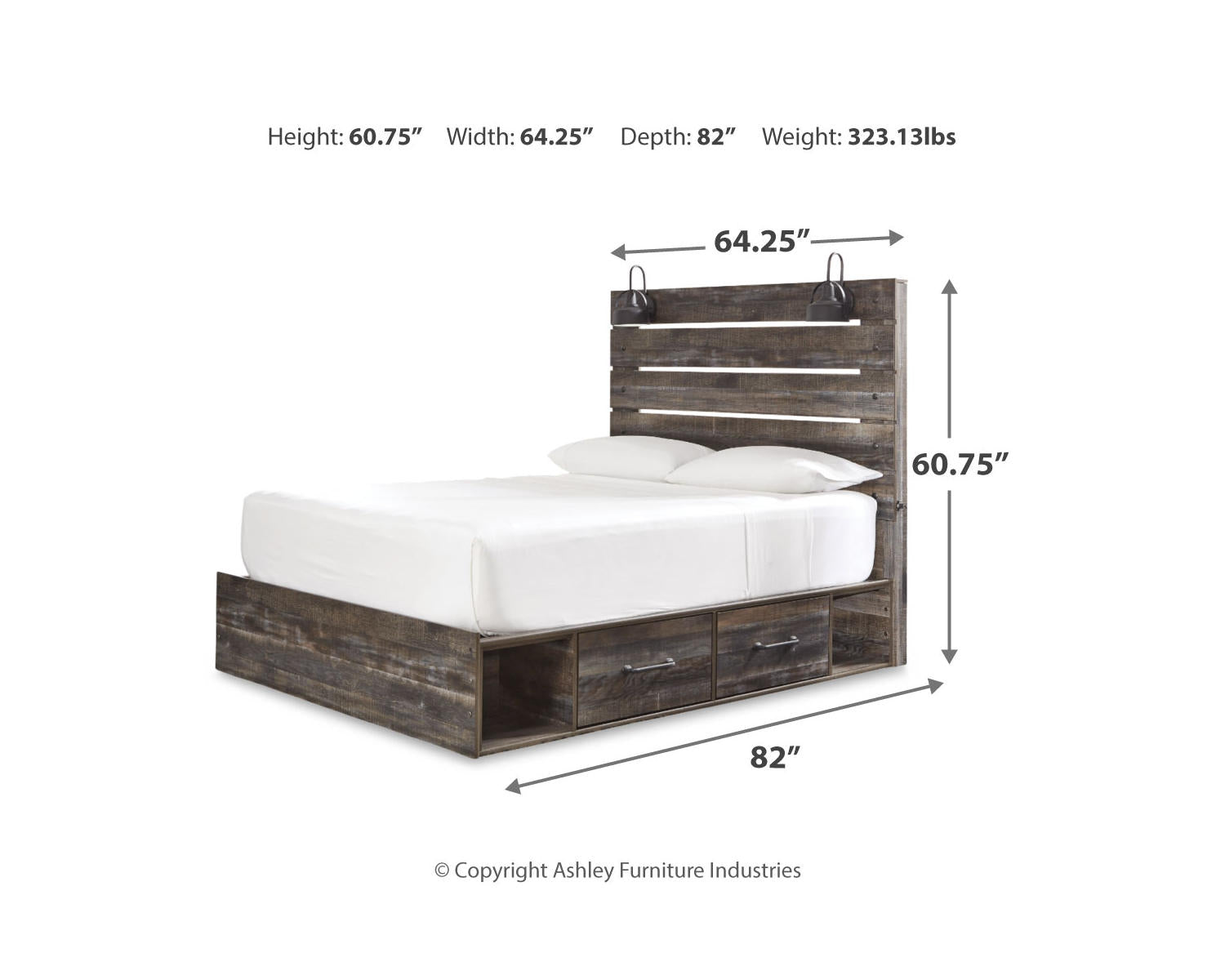Drystan Queen Panel Bed with Storage, Dresser and Mirror