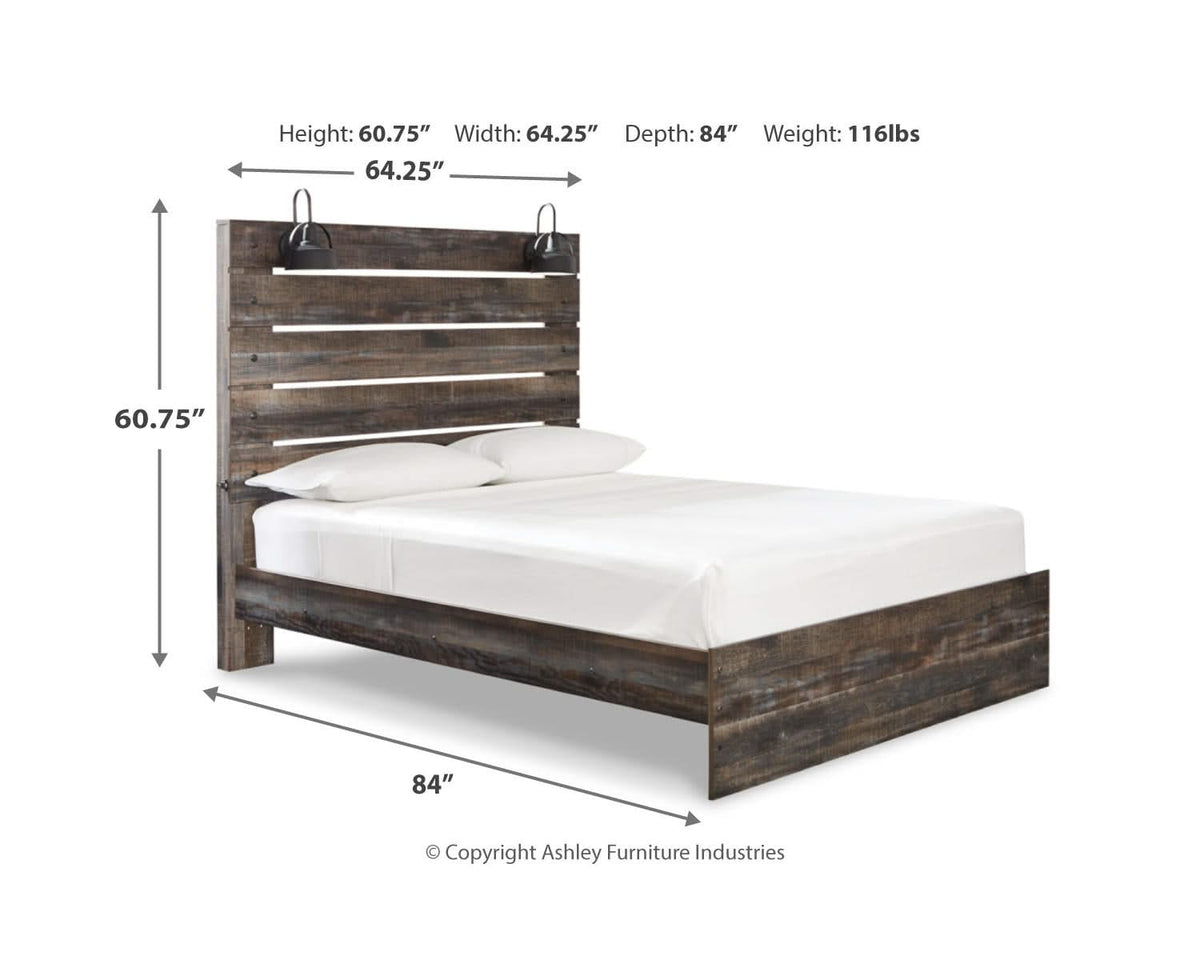 Cama Queen Drystan con paneles, tocador, espejo y mesita de noche