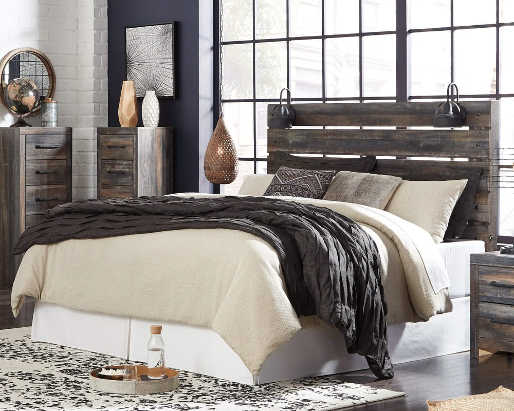 Drystan King Panel Headboard with Metal Frame, Dresser, Mirror, and Nightstand