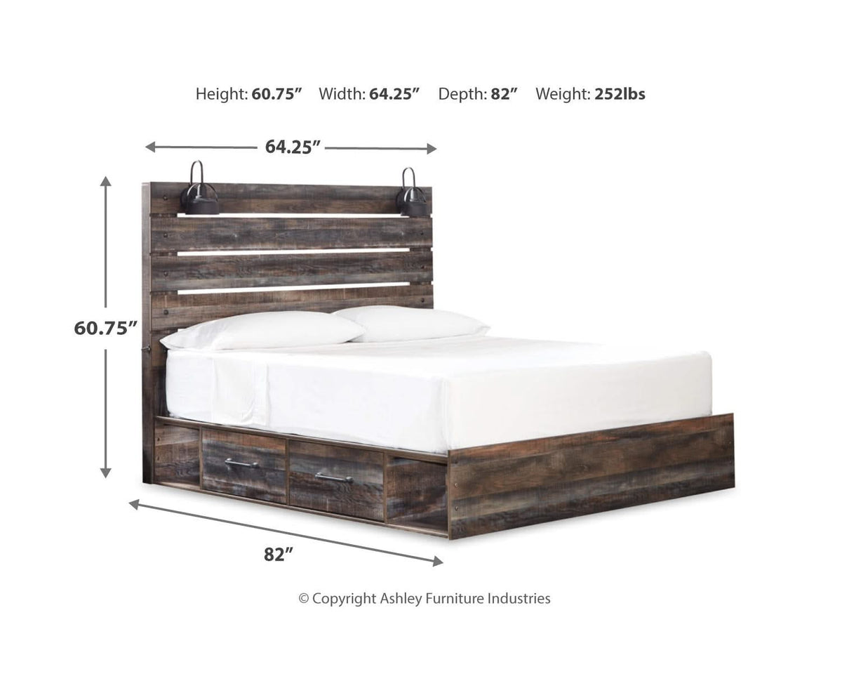 Drystan King Panel Bed with Storage, Dresser, Mirror and Nightstand