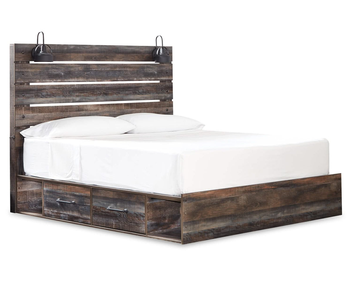 Drystan King Panel Bed with Storage, Dresser, Mirror and Nightstand