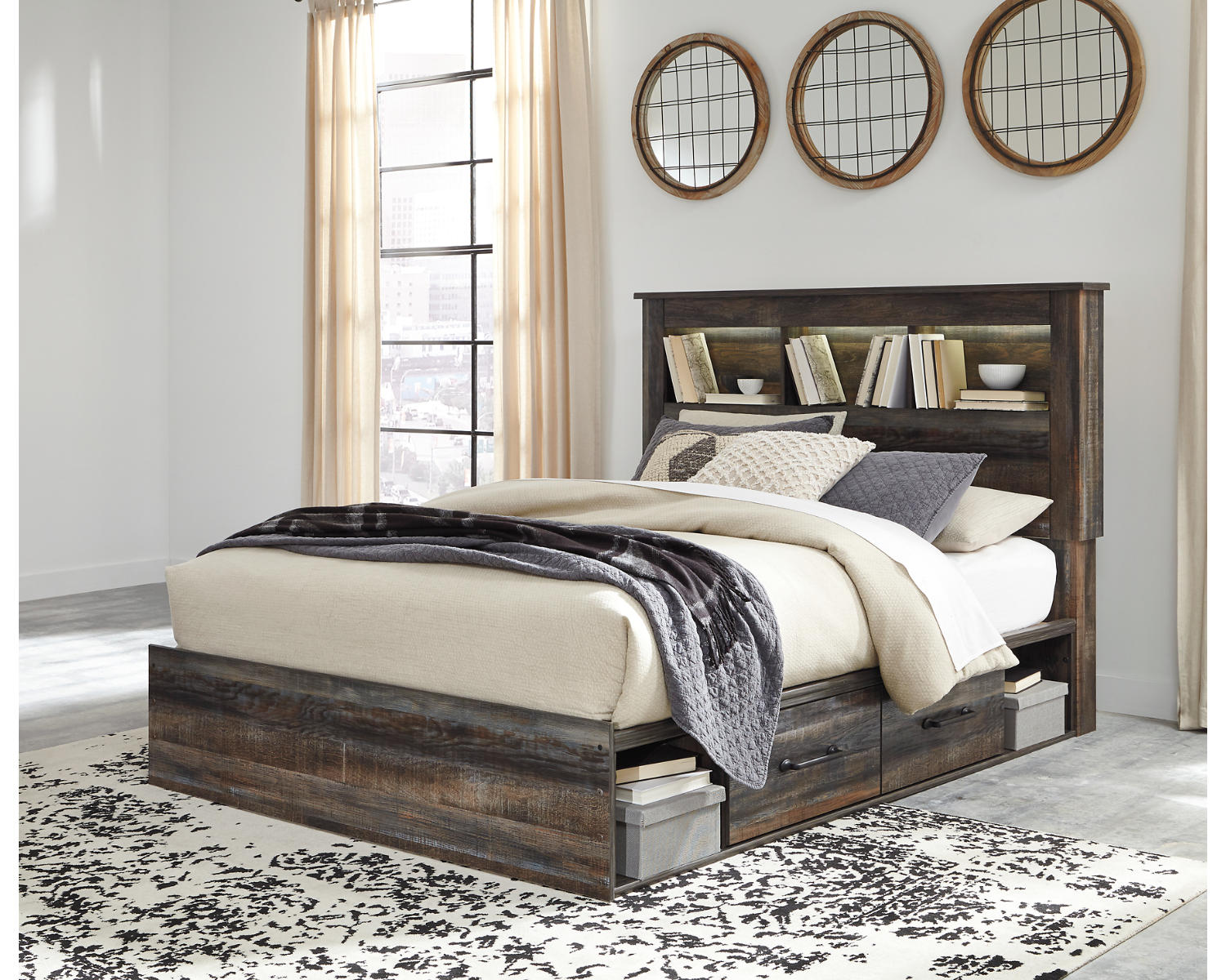 Drystan Queen Bookcase Bed with 2 Storage Drawers