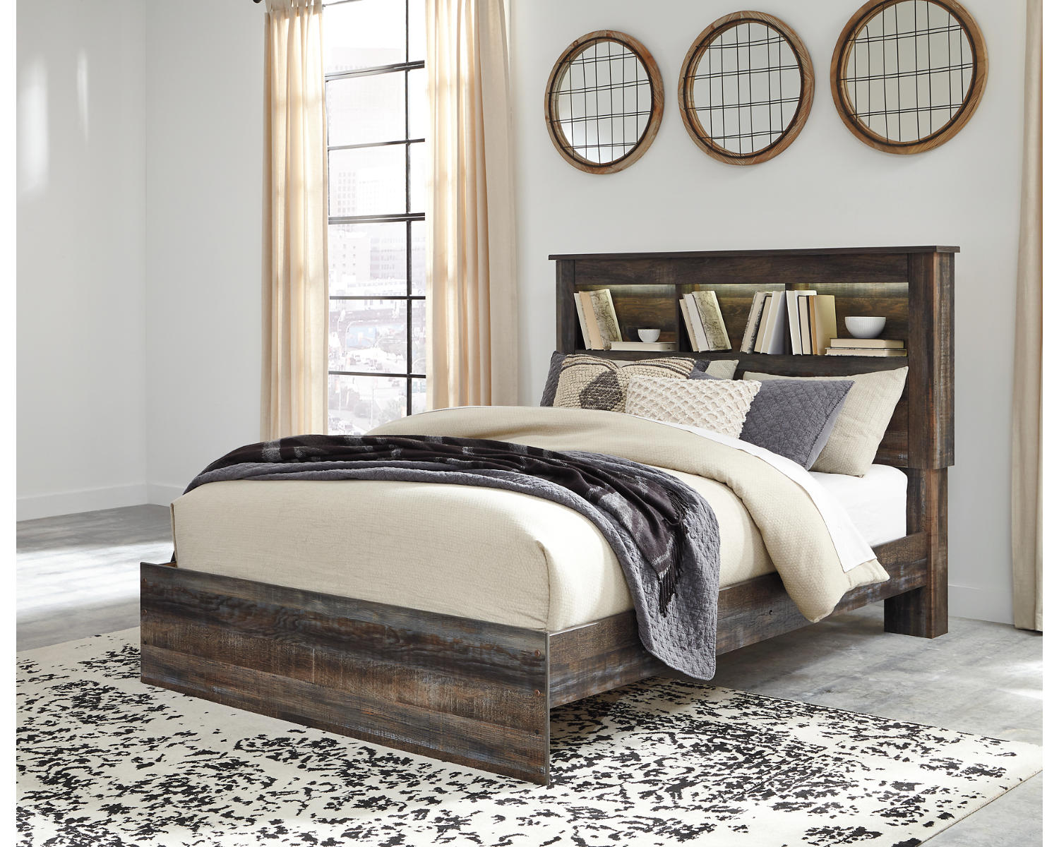 Drystan Queen Bookcase Bed, Dresser, Mirror and Nightstand