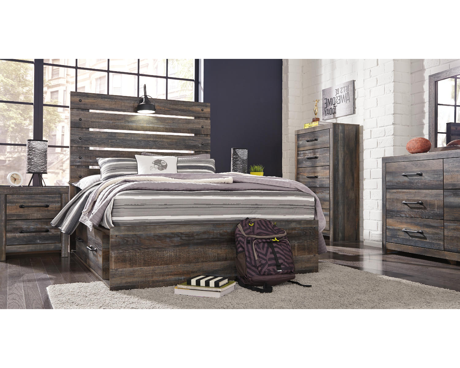 Drystan Full Panel Bed with 2 Storage Drawers