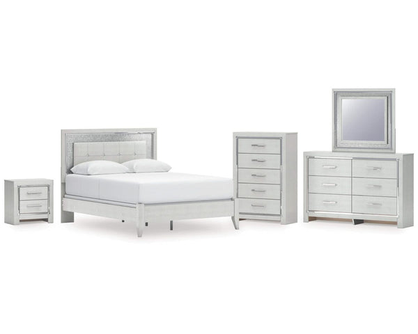Cama Queen con paneles Zyniden, tocador, espejo, cómoda y mesita de noche