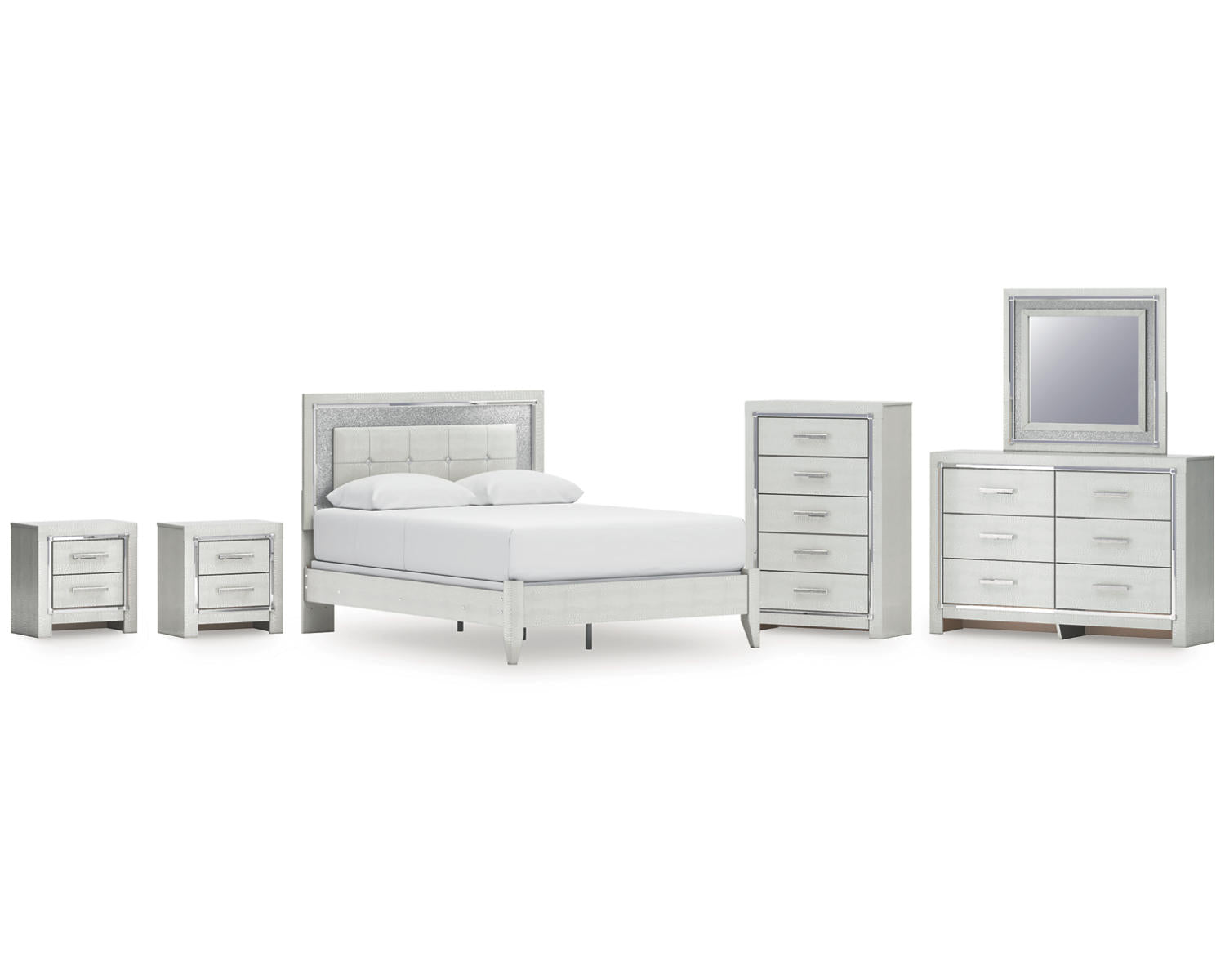 Zyniden Queen Upholstered Panel Bed, Dresser, Mirror, Chest and 2 Nightstands