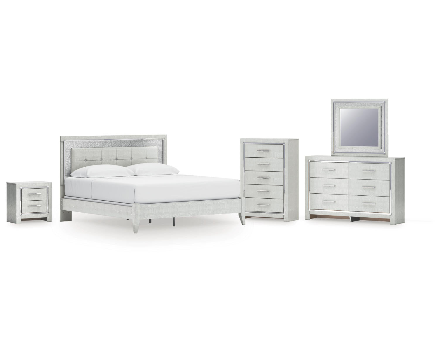 Zyniden King Upholstered Panel Bed, Dresser, Mirror, Chest and Nightstand