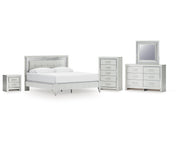 Zyniden King Upholstered Panel Bed, Dresser, Mirror, Chest and Nightstand