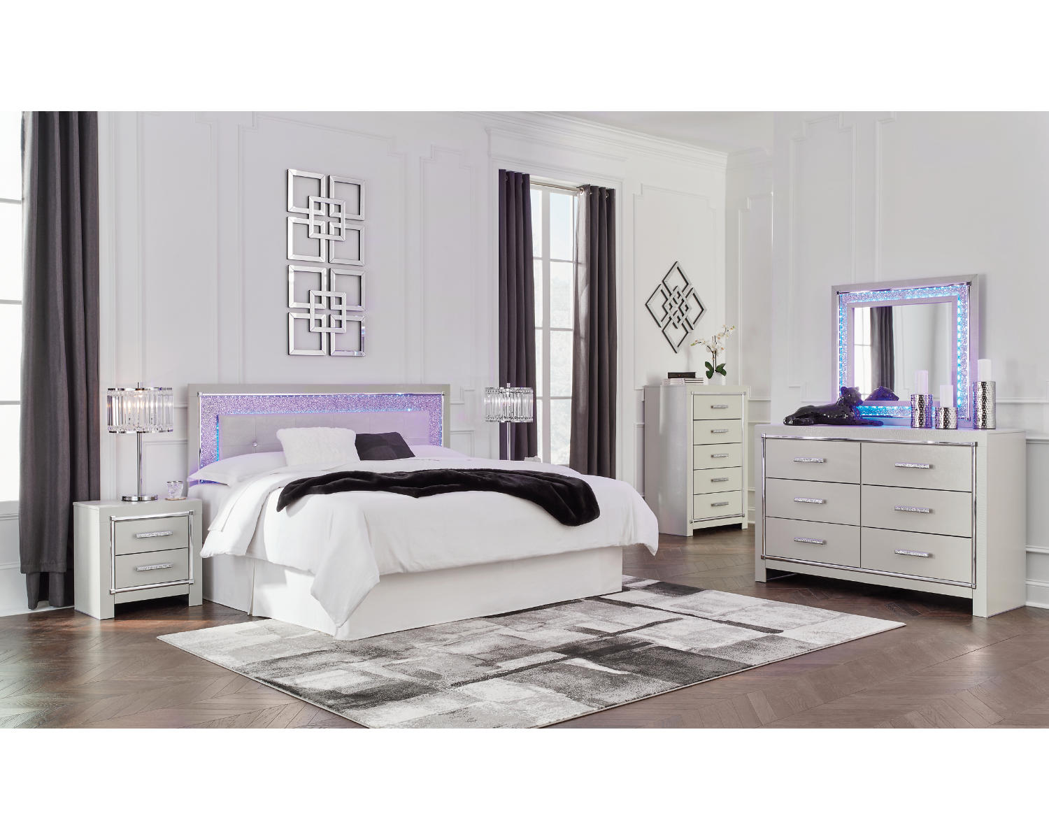 Zyniden King Upholstered Panel Headboard, Dresser and Mirror