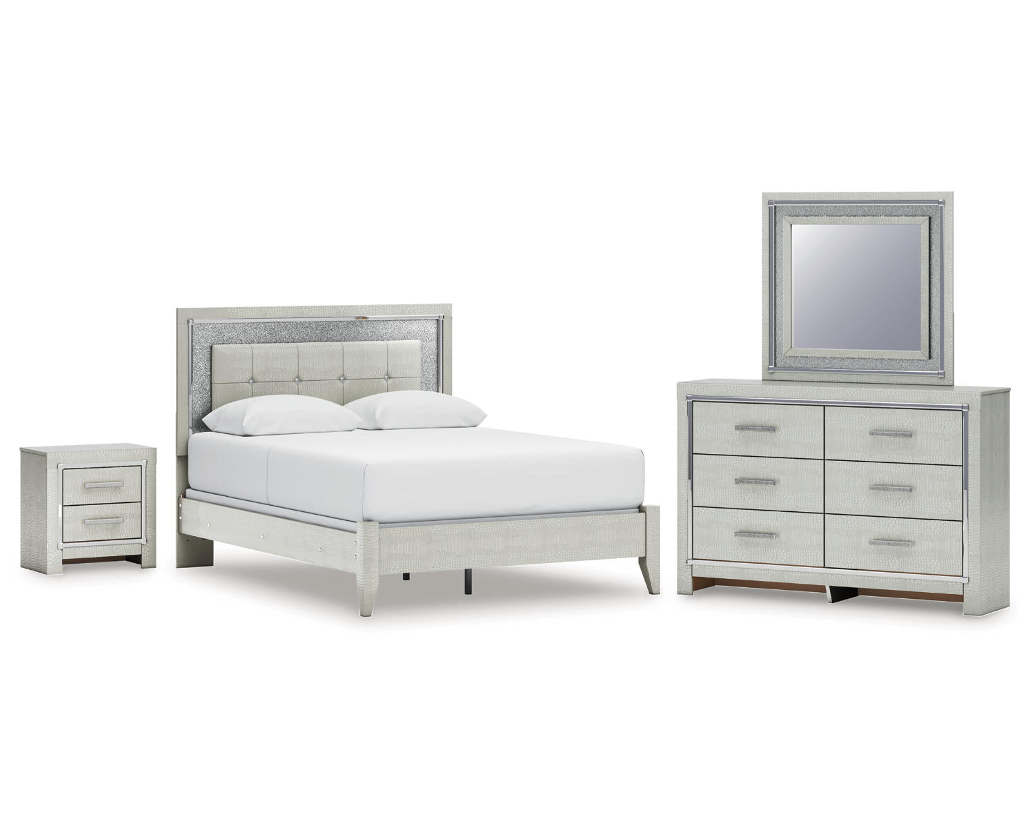 Zyniden Queen Upholstered Panel Bed, Dresser, Mirror and Nightstand