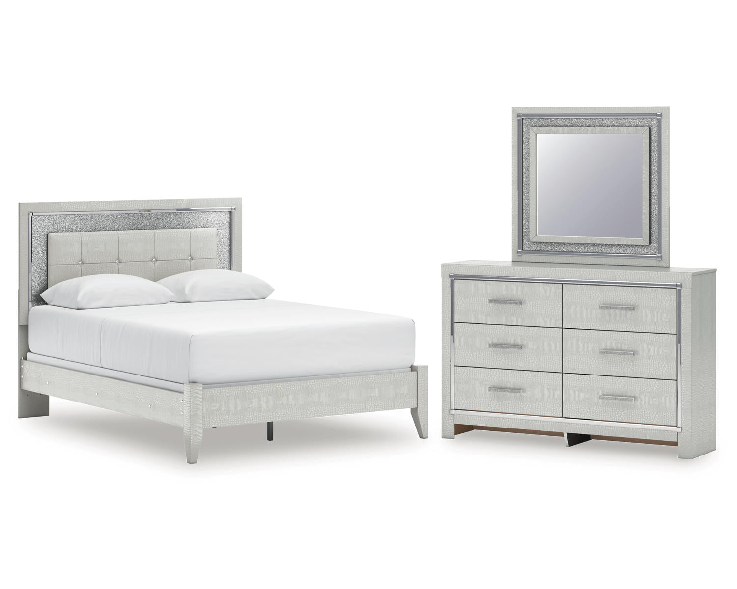 Zyniden Queen Upholstered Panel Bed, Dresser and Mirror