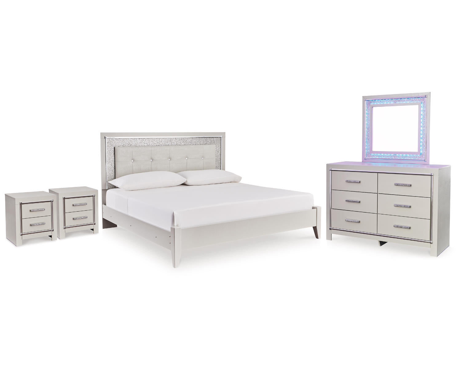 Zyniden King Upholstered Panel Bed, Dresser, Mirror and 2 Nightstands