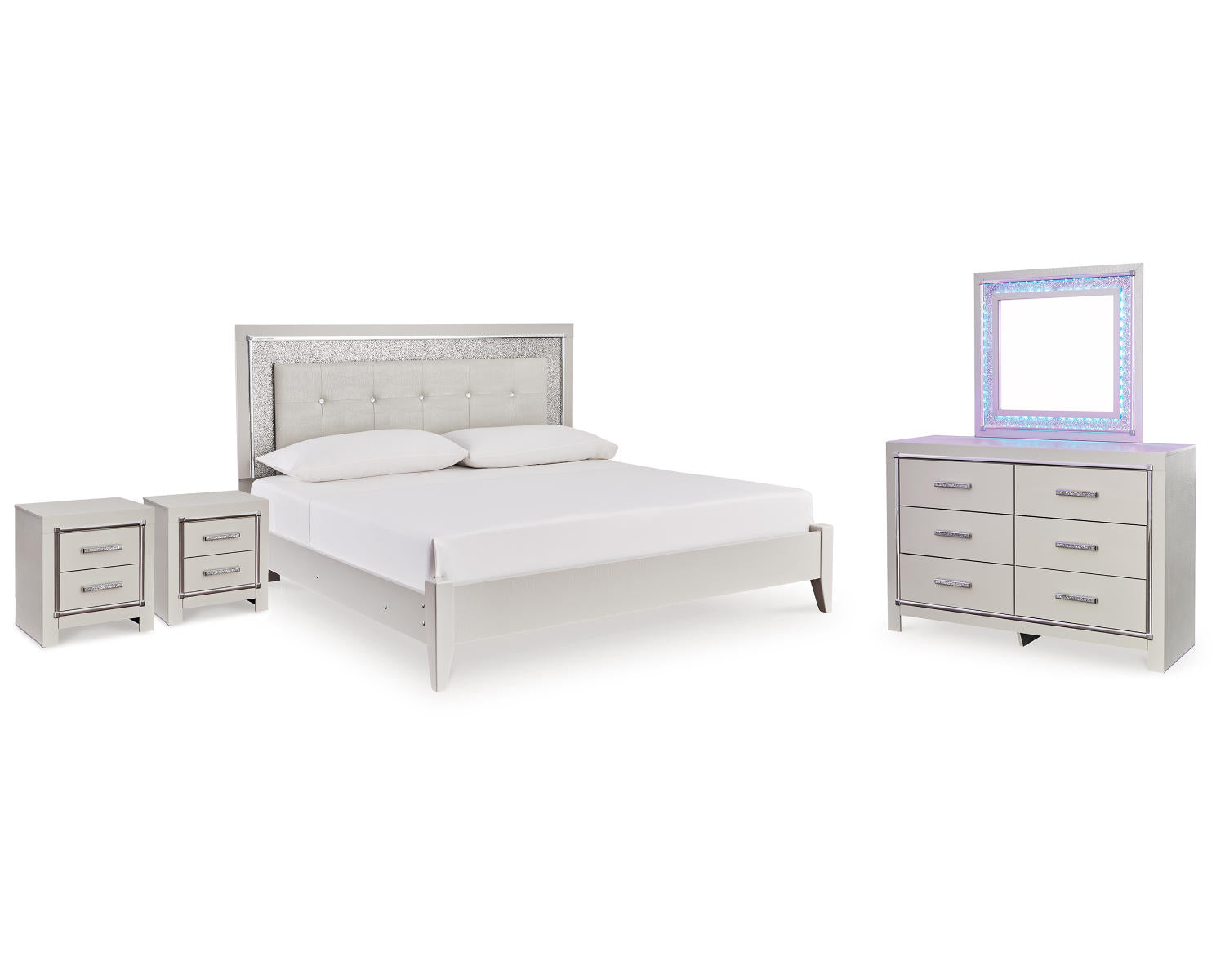 Zyniden King Upholstered Panel Bed, Dresser, Mirror and 2 Nightstands