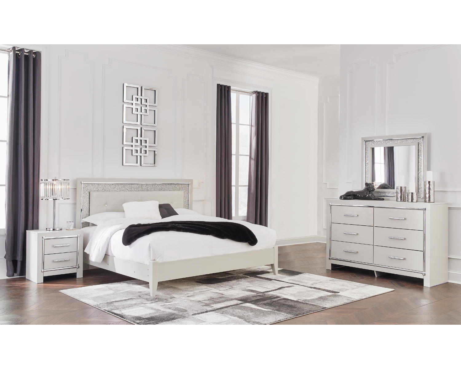 Zyniden King Upholstered Panel Bed, Dresser, Mirror and Nightstand