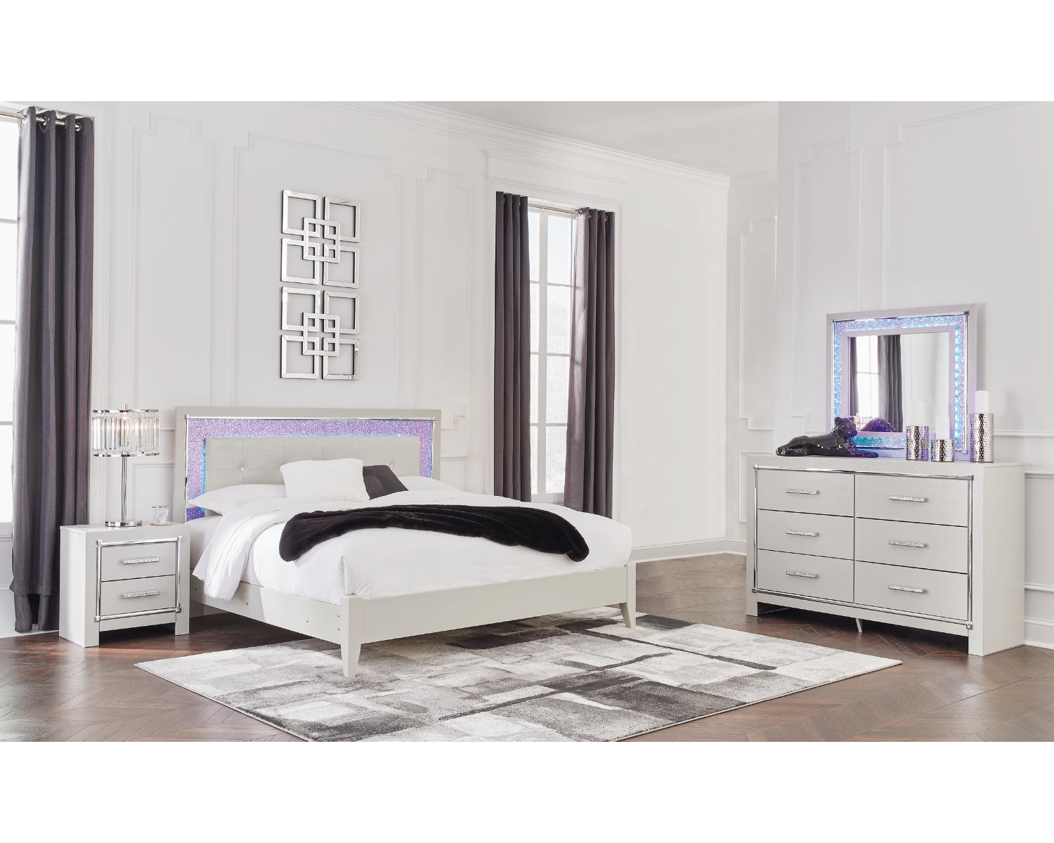 Zyniden King Upholstered Panel Bed, Dresser and Mirror