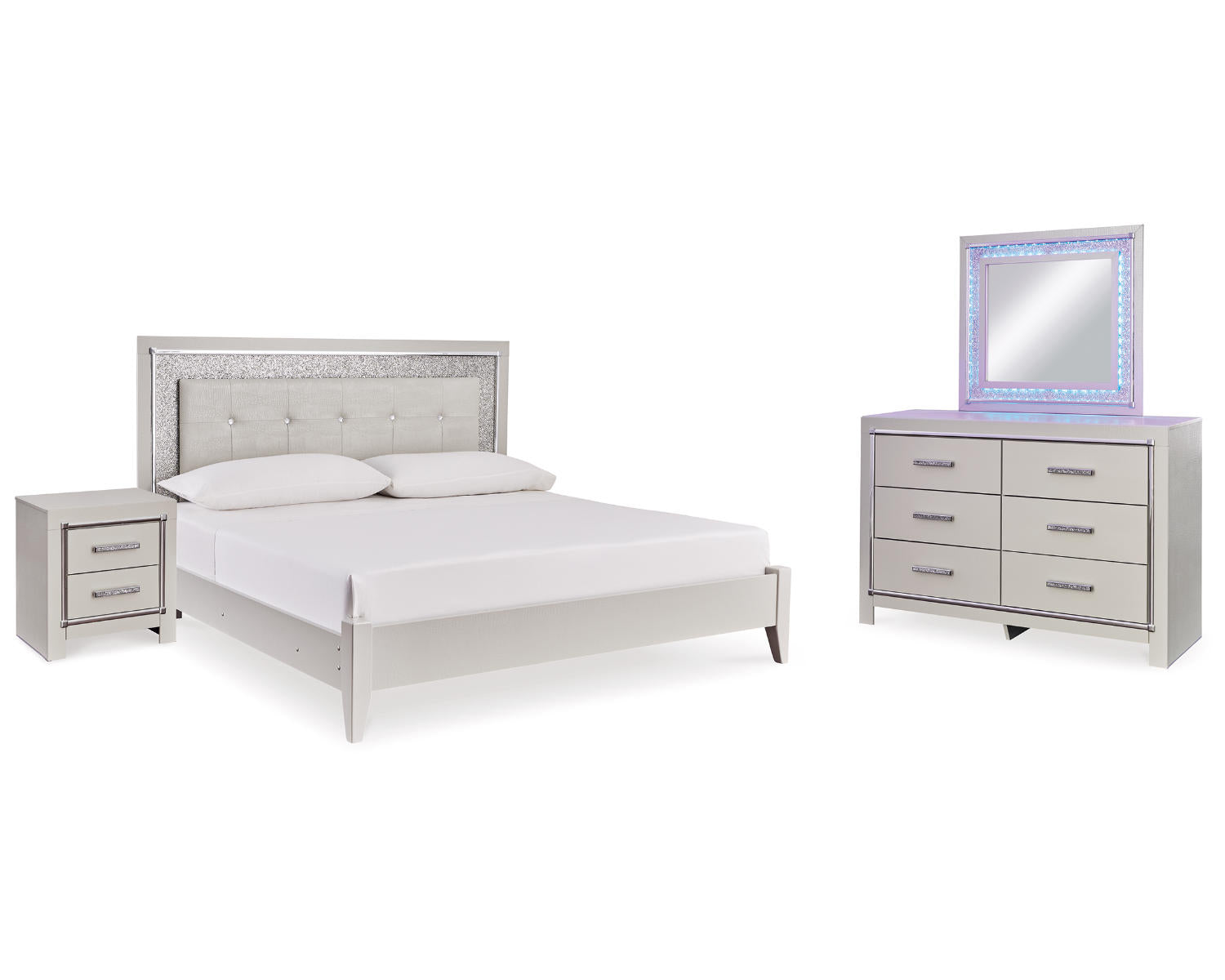Zyniden King Upholstered Panel Bed, Dresser, Mirror and Nightstand