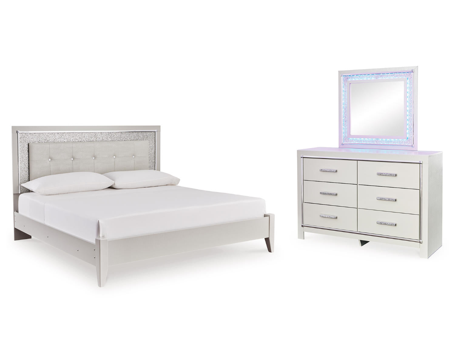Zyniden King Upholstered Panel Bed, Dresser and Mirror
