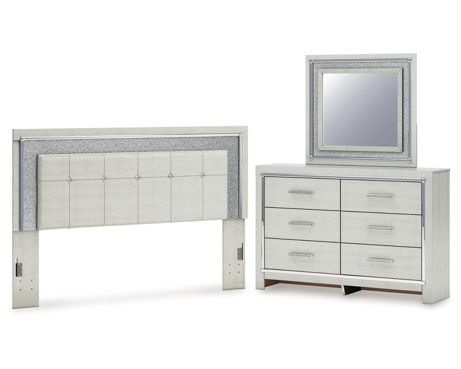 Zyniden King Upholstered Panel Headboard, Dresser and Mirror