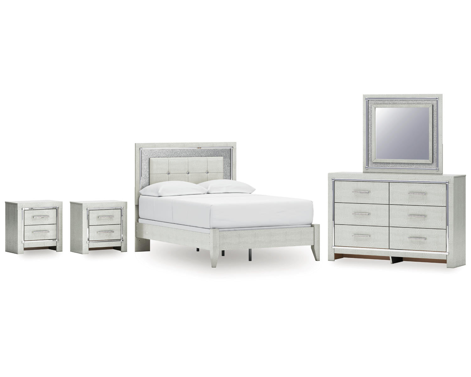 Zyniden Full Upholstered Panel Bed, Dresser, Mirror and 2 Nightstands