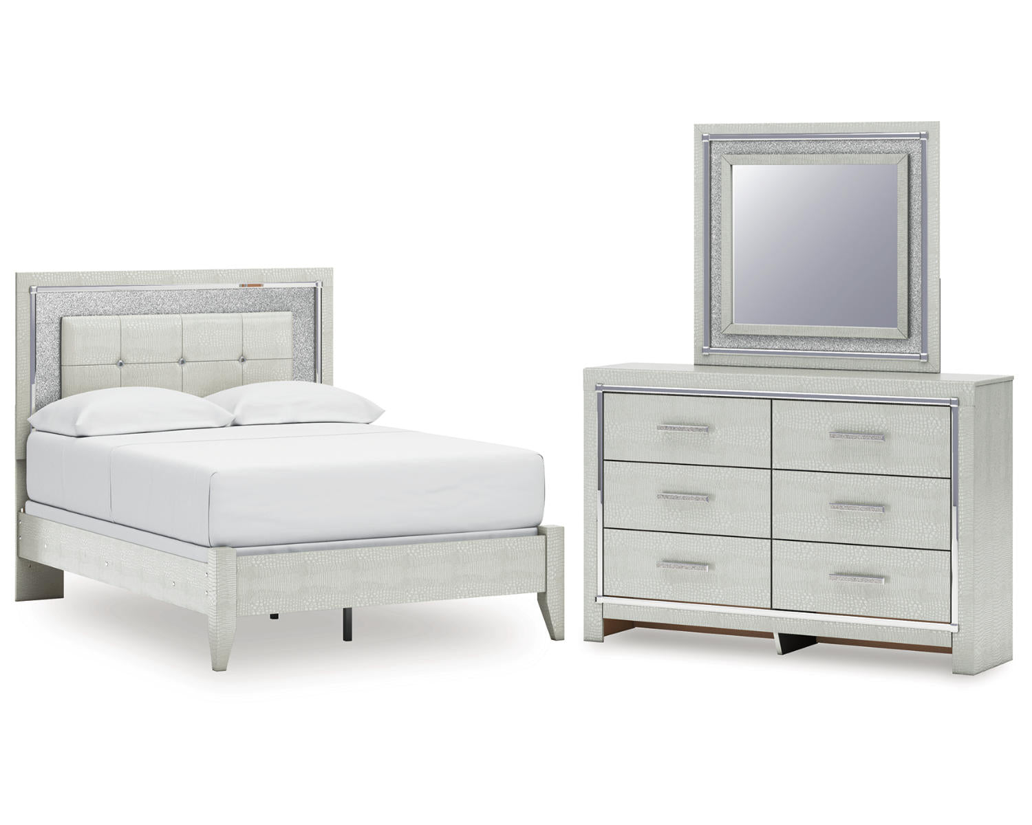 Zyniden Full Upholstered Panel Bed, Dresser and Mirror