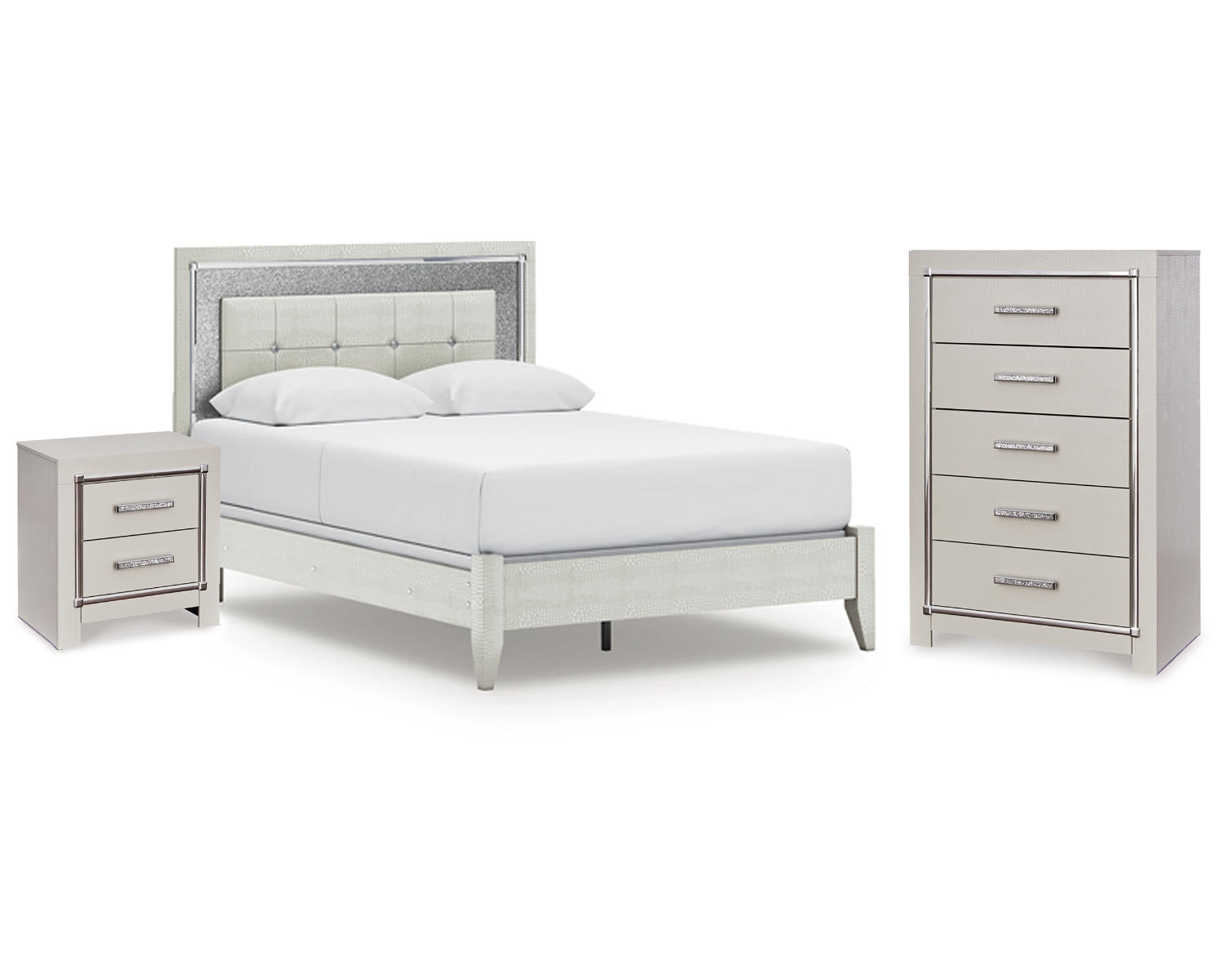 Zyniden Queen Upholstered Panel Bed, Chest and Nightstand
