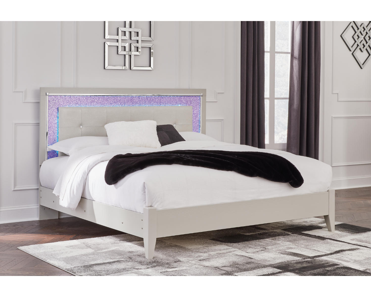 Zyniden King Upholstered Panel Bed, Dresser and Mirror