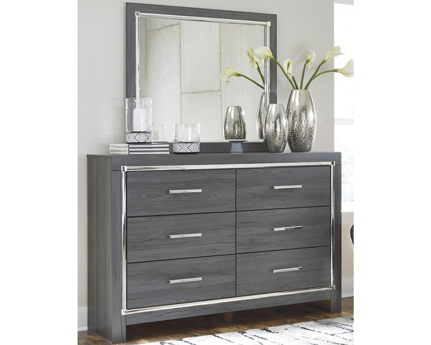 Lodanna King Upholstered Storage Bed, Dresser, Mirror, Chest and Nightstand