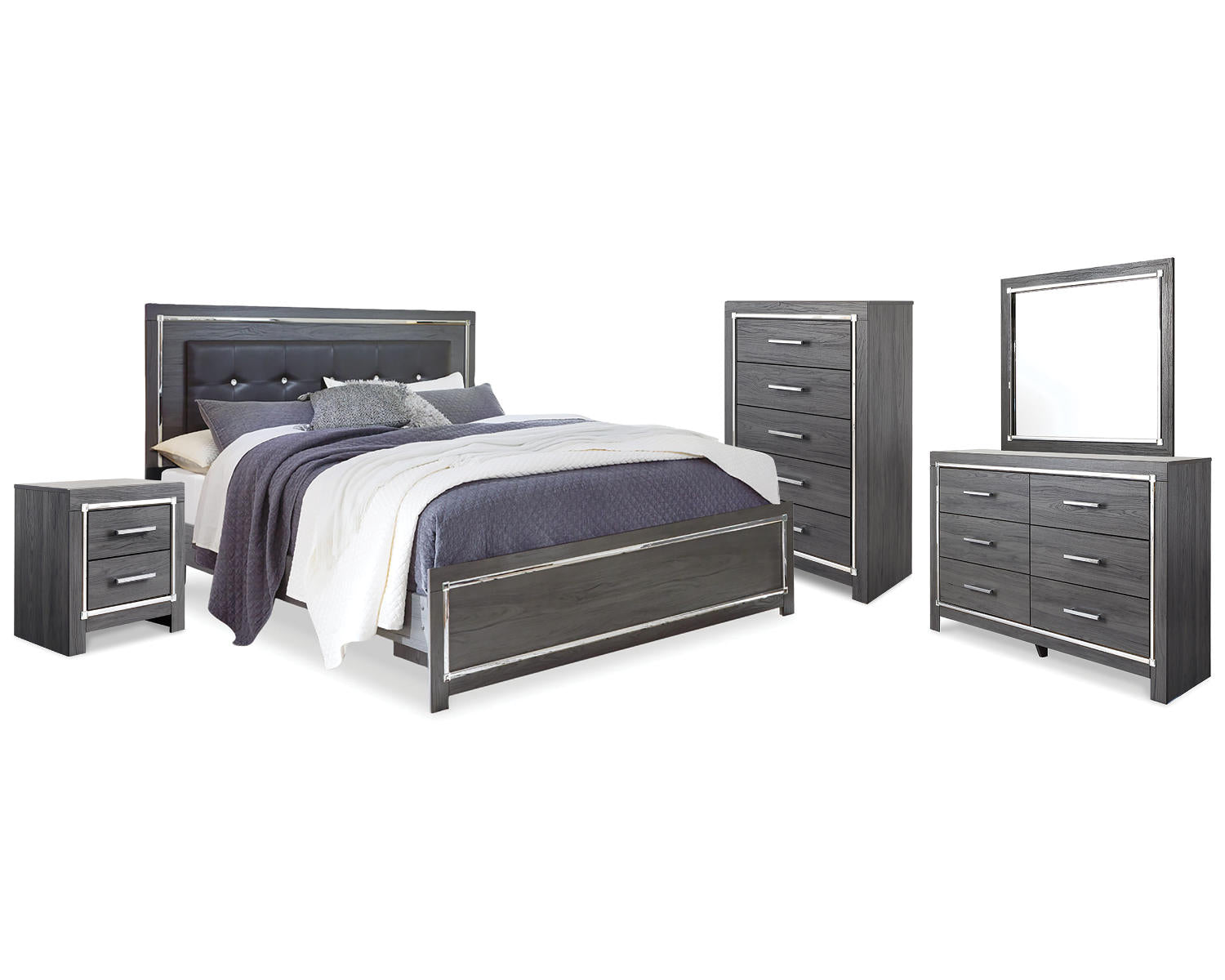 Lodanna King Upholstered Panel Bed, Dresser, Mirror, Chest and Nightstand