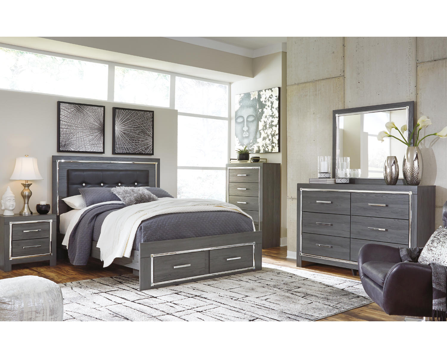 Lodanna Queen Panel Storage Bed, Dresser, Mirror, Chest and Nightstand