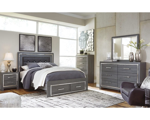 Cama Queen Lodanna con almacenamiento, tocador, espejo, cómoda y mesita de noche