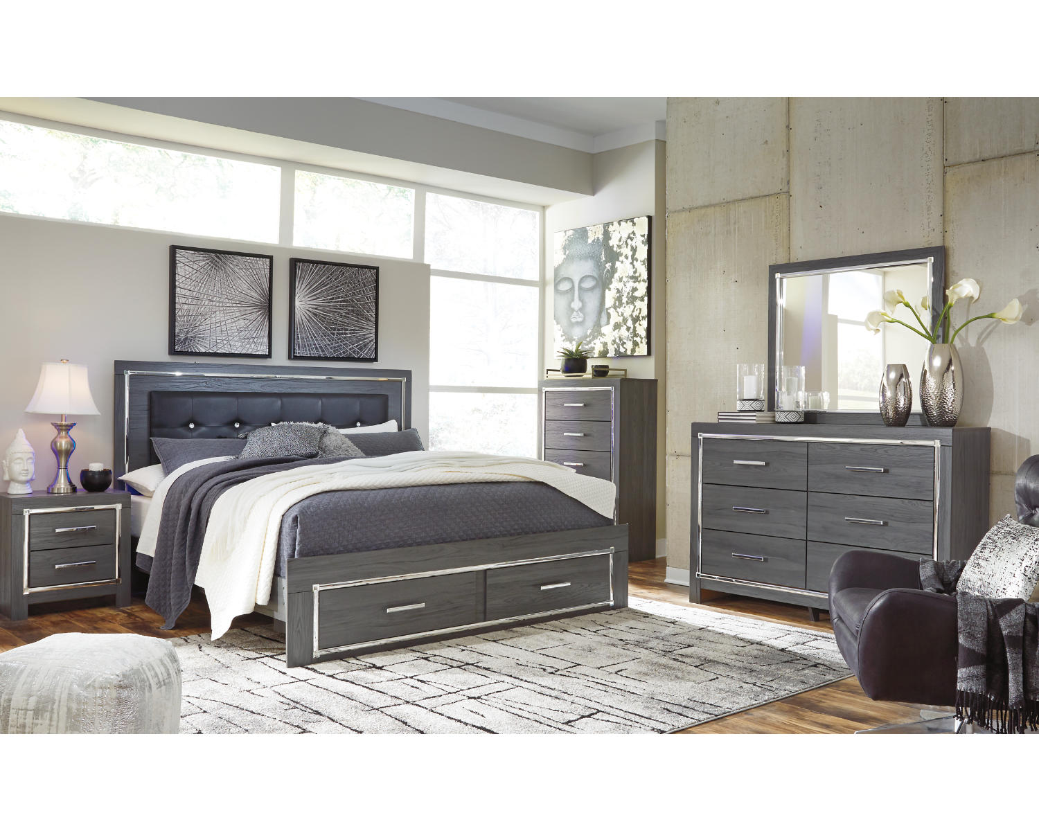 Lodanna King Upholstered Storage Bed, Dresser, Mirror, Chest and 2 Nightstands