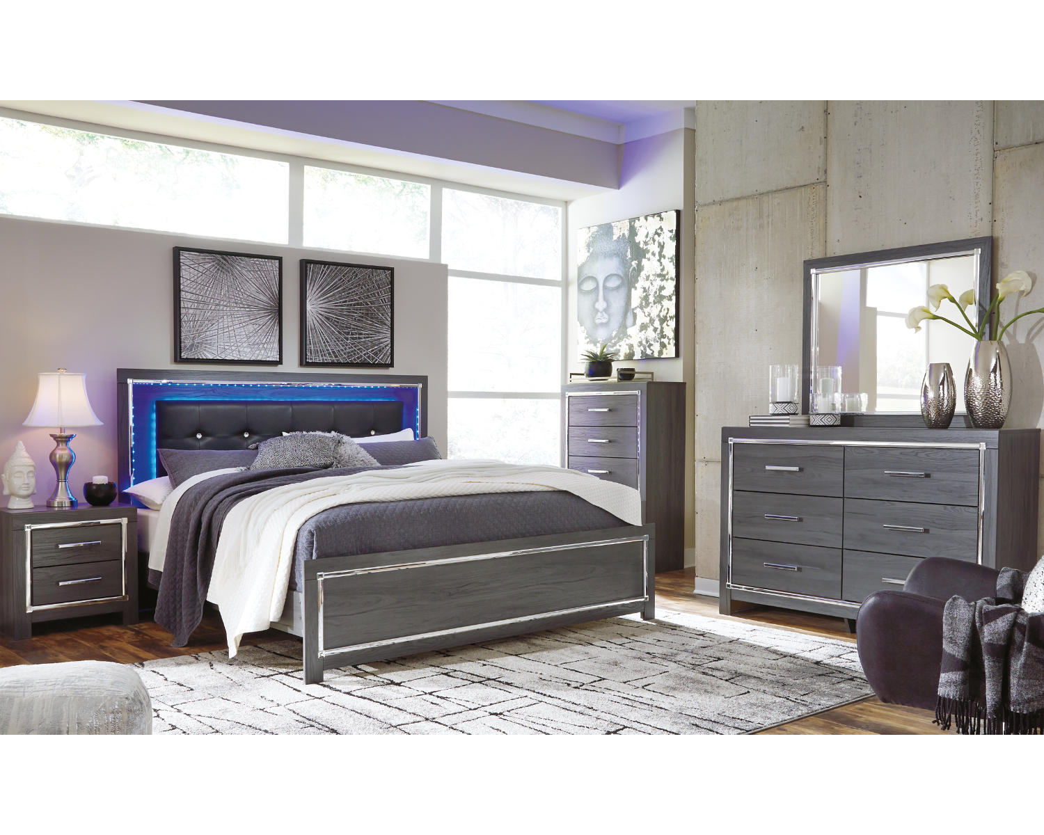 Lodanna King Upholstered Panel Bed, Dresser, Chest and 2 Nightstands