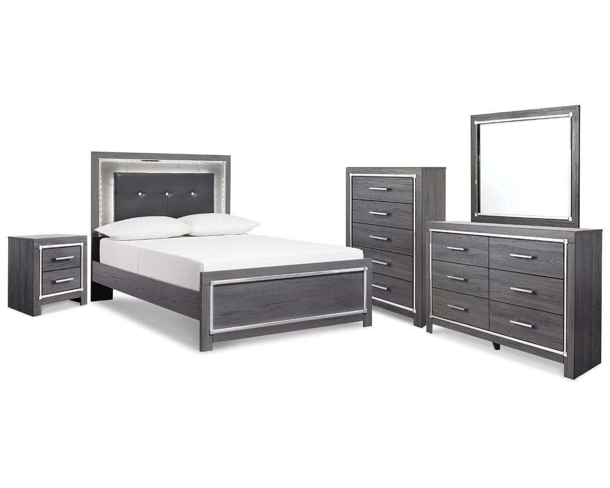 Cama completa Lodanna con tocador, espejo, cómoda y mesita de noche