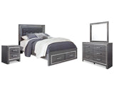Lodanna Queen Upholstered Panel Storage Bed, Dresser, Mirror, and Nightstand