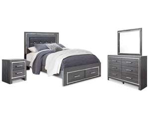 Lodanna Queen Upholstered Panel Storage Bed, Dresser, Mirror, and Nightstand