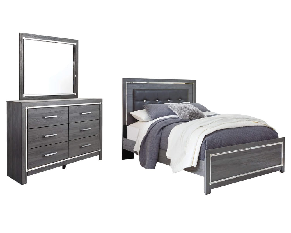 Cama Queen Lodanna con paneles, cómoda y espejo