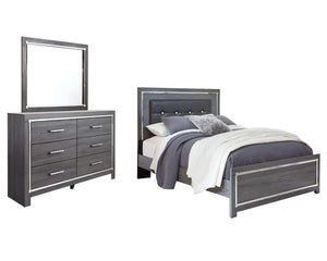 Cama Queen Lodanna con paneles, cómoda y espejo