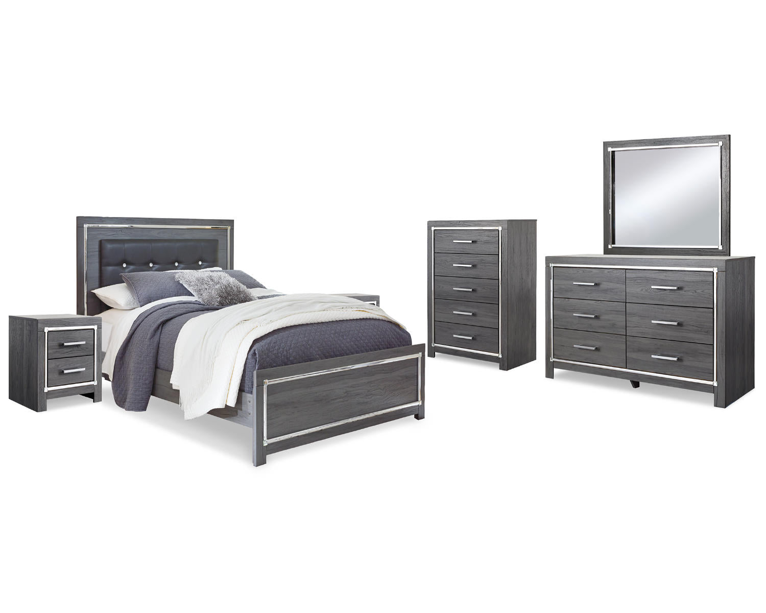 Lodanna Queen Upholstered Panel Bed, Dresser, Mirror and 2 Nightstands