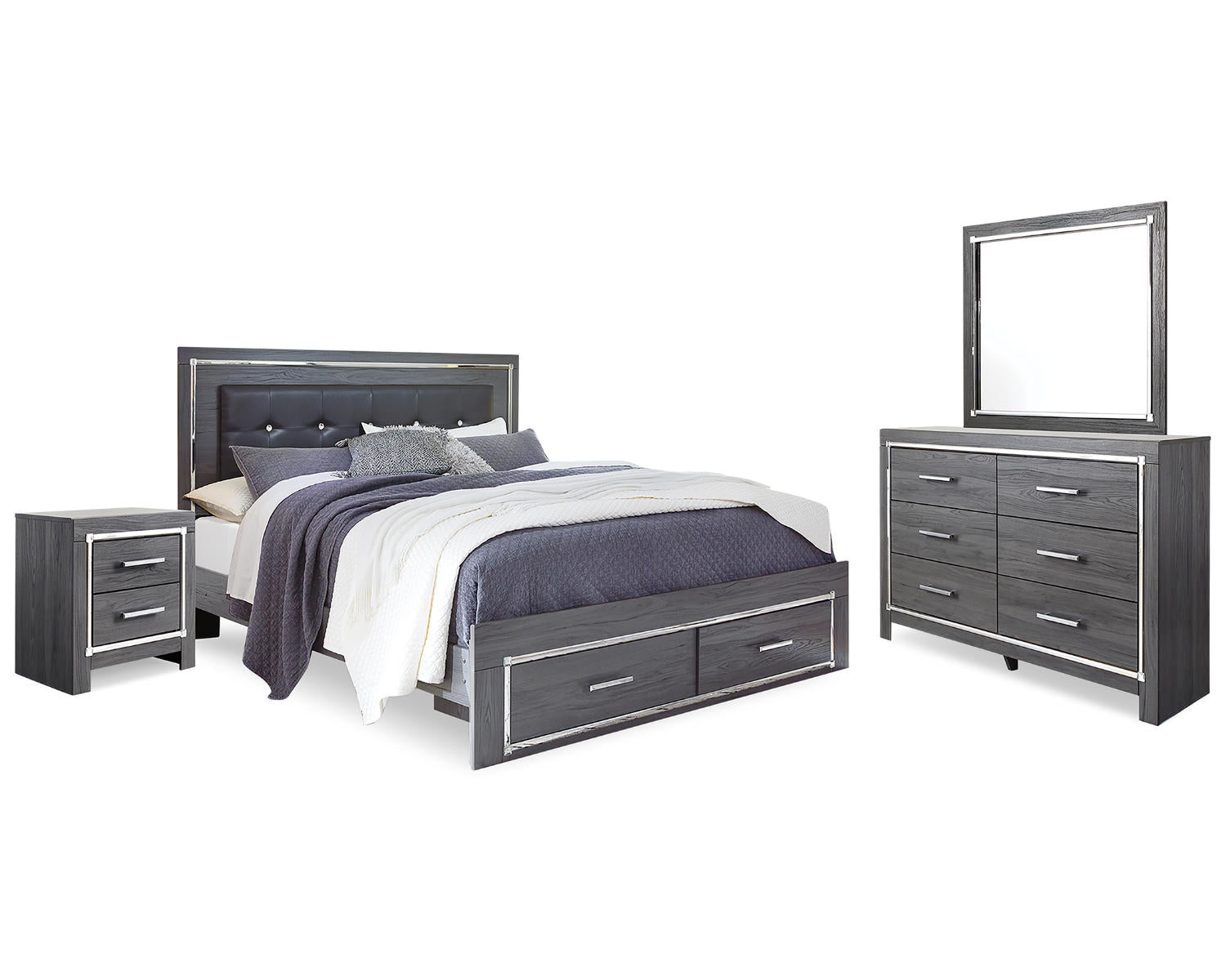 Lodanna Queen Upholstered Panel Bed, Dresser, Mirror and Nightstand
