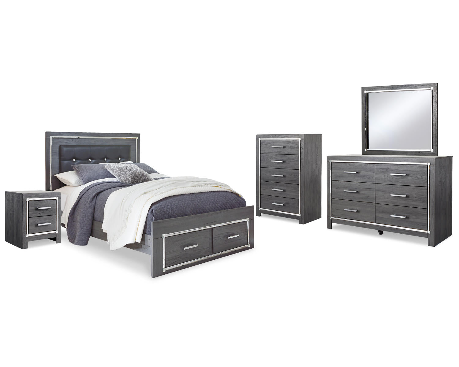 Lodanna Queen Panel Storage Bed, Dresser, Mirror, Chest and Nightstand