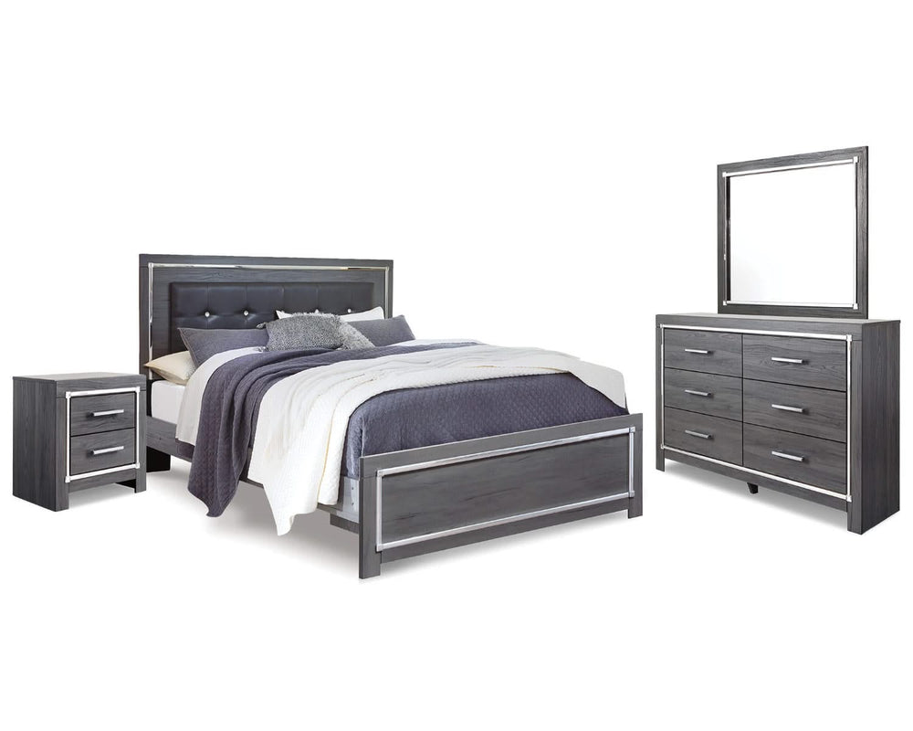 Lodanna King Upholstered Panel Bed, Dresser, Mirror and Nightstand