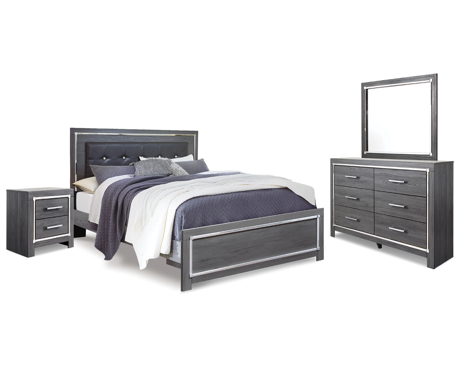 Lodanna King Upholstered Panel Bed, Dresser, Mirror and Nightstand